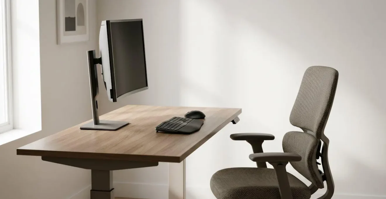 Poste de travail ergonomique avec positionnement optimal de l'écran, du clavier et du siège selon les principes d'ergonomie