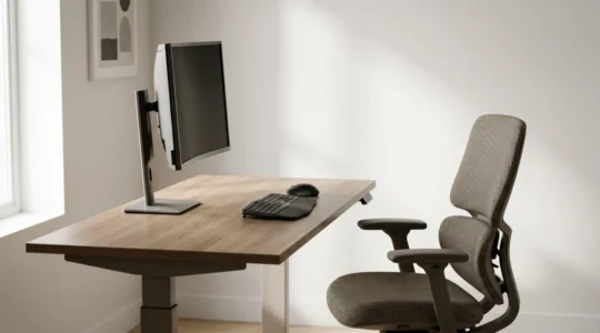 Poste de travail ergonomique avec positionnement optimal de l'écran, du clavier et du siège selon les principes d'ergonomie