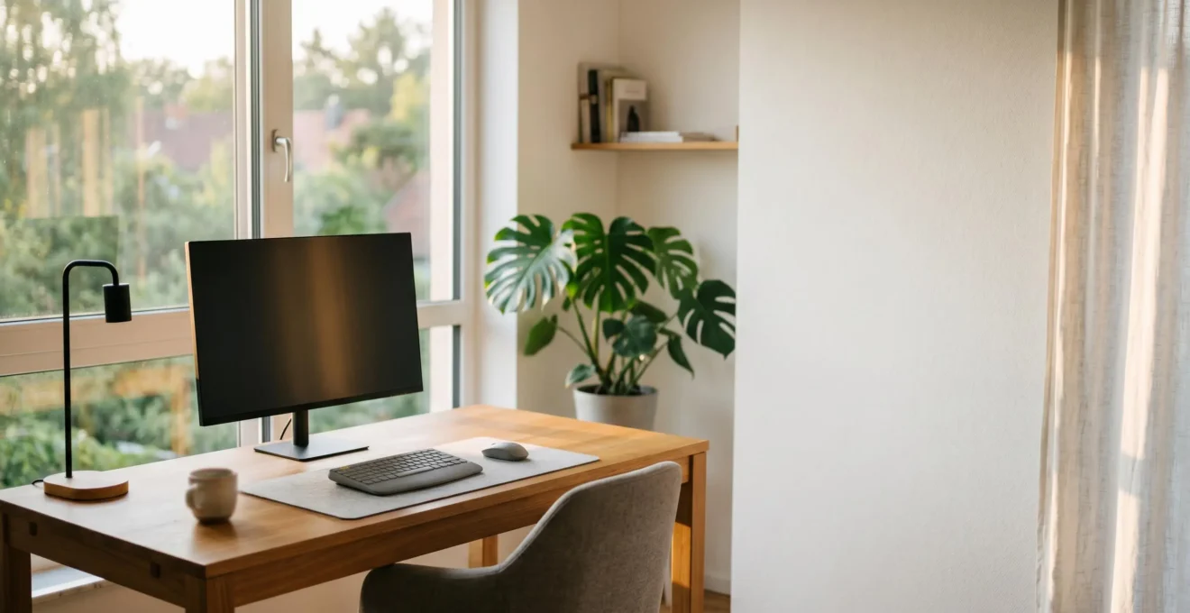 Espace de travail moderne avec écran positionné correctement pour prévenir la fatigue oculaire