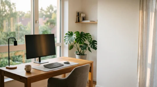 Espace de travail moderne avec écran positionné correctement pour prévenir la fatigue oculaire