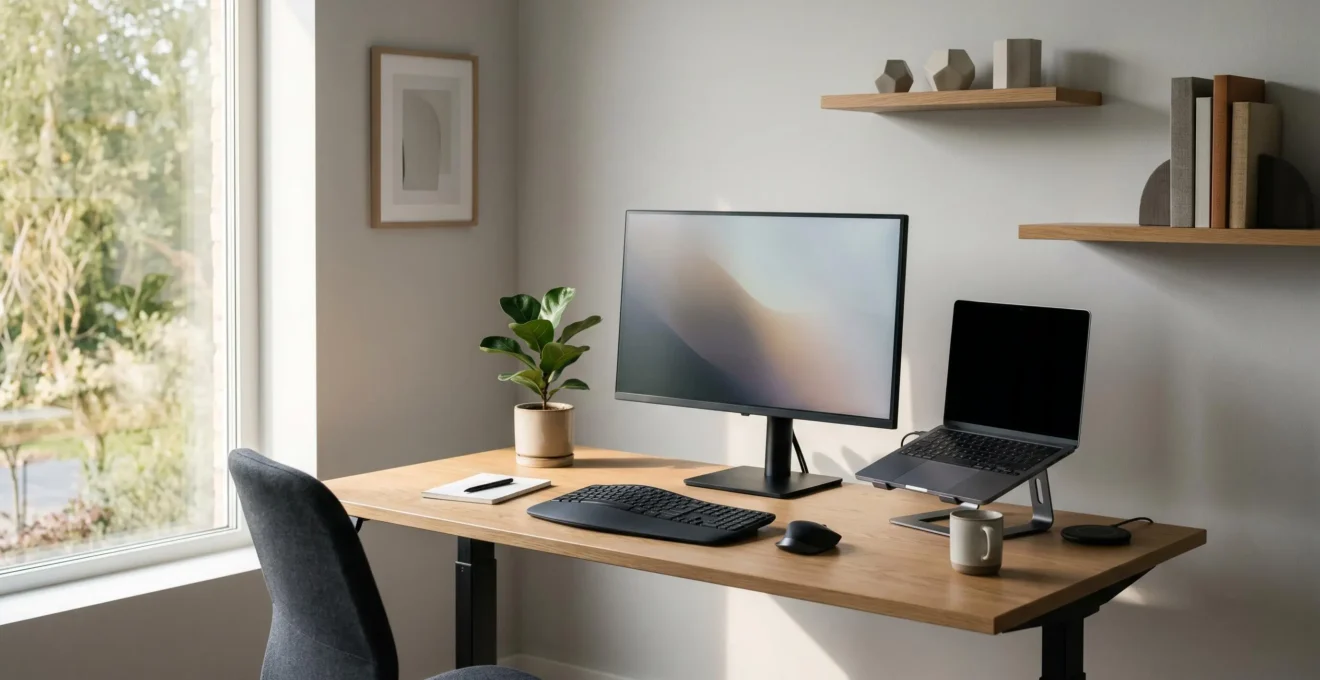 Espace de travail moderne et synchronisé avec écran, clavier et accessoires harmonieusement disposés pour une productivité optimale