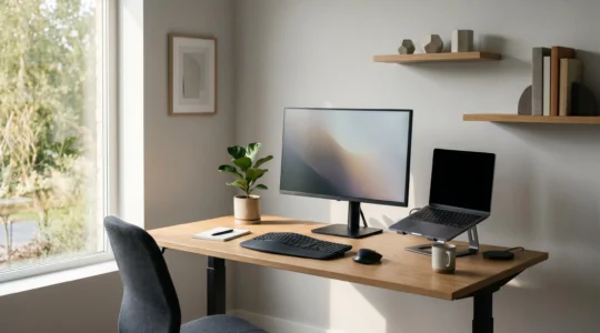 Espace de travail moderne et synchronisé avec écran, clavier et accessoires harmonieusement disposés pour une productivité optimale