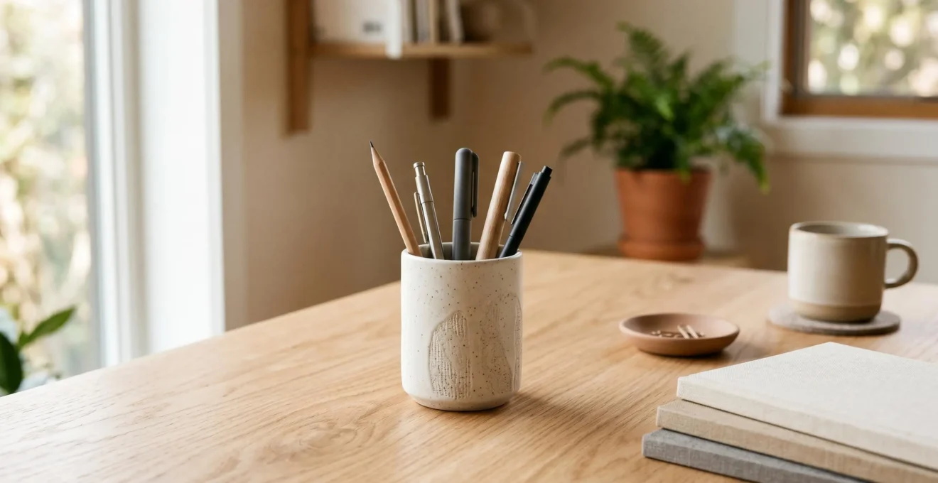Pot à crayons design en bois clair sur un bureau épuré scandinave avec outils d'écriture soigneusement organisés