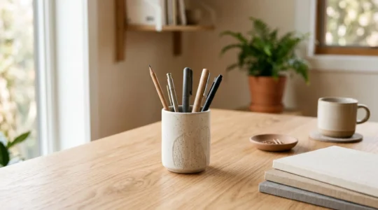 Pot à crayons design en bois clair sur un bureau épuré scandinave avec outils d'écriture soigneusement organisés