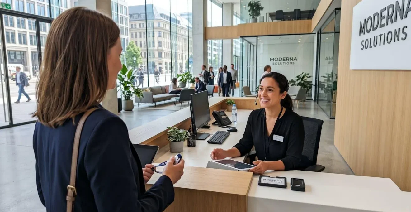 Une réceptionniste accueille un visiteur derrière une banque d'accueil contemporaine dans un hall lumineux d'entreprise