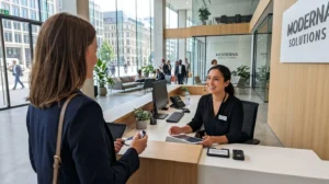 Une réceptionniste accueille un visiteur derrière une banque d'accueil contemporaine dans un hall lumineux d'entreprise