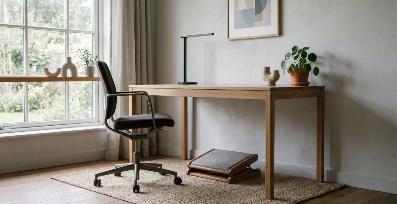 Vue d'ensemble minimaliste d'un espace de travail moderne avec repose-pieds ergonomique réglable, symbolisant le confort pour les personnes de petite taille