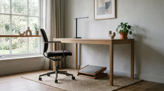 Vue d'ensemble minimaliste d'un espace de travail moderne avec repose-pieds ergonomique réglable, symbolisant le confort pour les personnes de petite taille