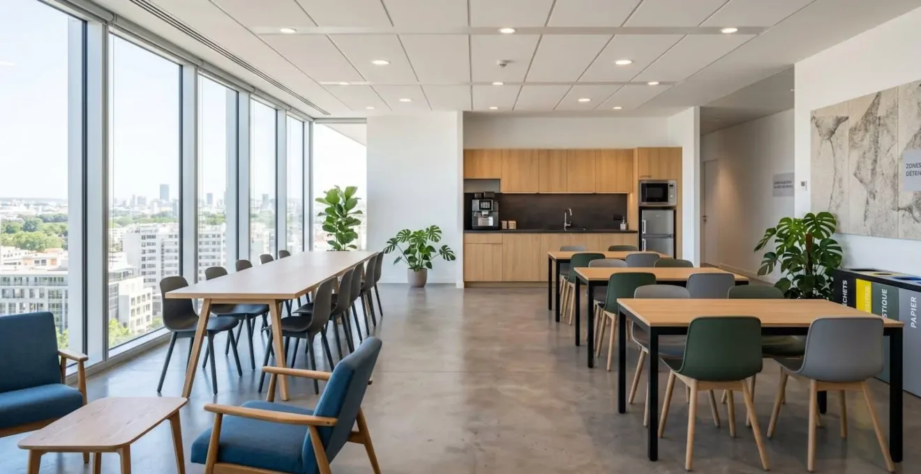 Salle de pause d'entreprise moderne et vide avec tables et chaises bien organisées, grande fenêtre laissant entrer la lumière naturelle