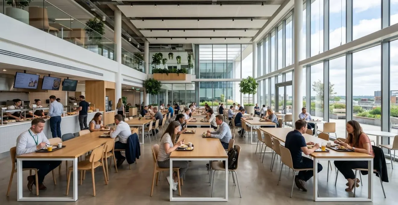 Salle de pause d'entreprise contemporaine avec grandes baies vitrées, tables de réfectoire claires alignées et chaises design, baignée de lumière naturelle