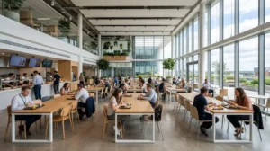 Salle de pause d'entreprise contemporaine avec grandes baies vitrées, tables de réfectoire claires alignées et chaises design, baignée de lumière naturelle