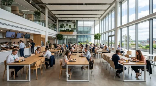 Salle de pause d'entreprise contemporaine avec grandes baies vitrées, tables de réfectoire claires alignées et chaises design, baignée de lumière naturelle