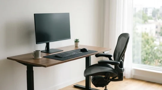 Environnement de bureau ergonomique moderne avec poste de travail correctement ajusté pour prévenir les douleurs dorsales