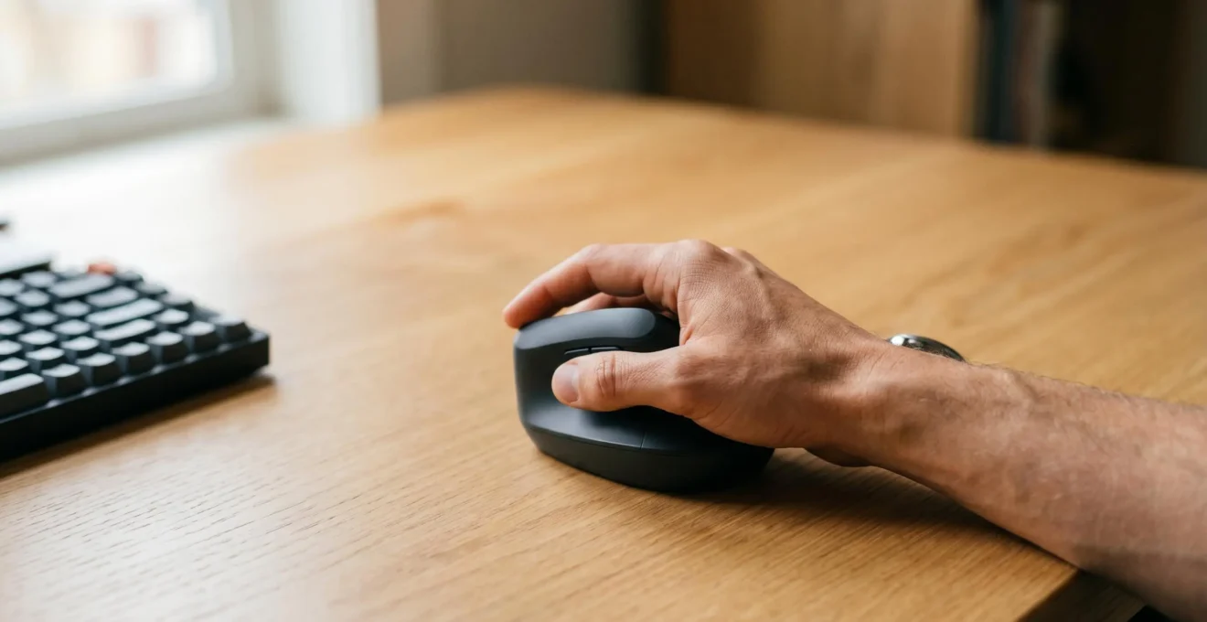 Vue rapprochée d'une main en position naturelle au-dessus d'une souris ergonomique moderne sur un bureau minimaliste, illustrant la posture correcte pour éviter les douleurs au poignet