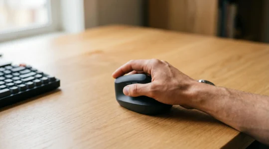 Vue rapprochée d'une main en position naturelle au-dessus d'une souris ergonomique moderne sur un bureau minimaliste, illustrant la posture correcte pour éviter les douleurs au poignet