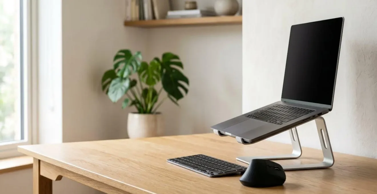 Espace de travail épuré avec support d'ordinateur portable réglable dans un environnement lumineux naturel