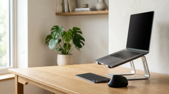 Espace de travail épuré avec support d'ordinateur portable réglable dans un environnement lumineux naturel