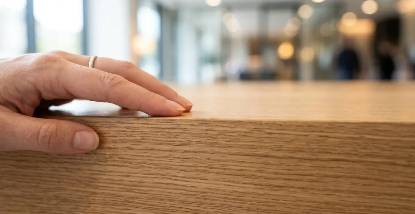 Gros plan sur la texture d'une finition mélaminé haute pression d'une banque d'accueil avec éclairage naturel latéral
