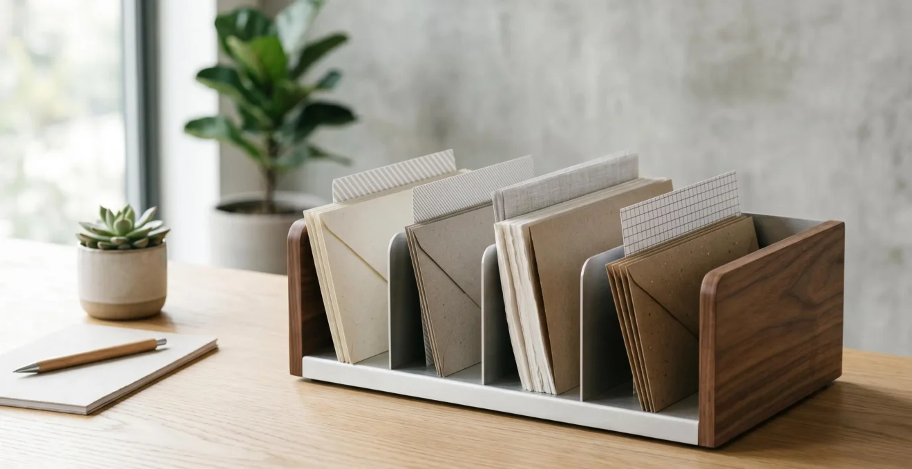 Bureau organisé avec trieur de courrier à compartiments multiples permettant un traitement systématique des documents