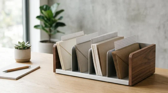 Bureau organisé avec trieur de courrier à compartiments multiples permettant un traitement systématique des documents