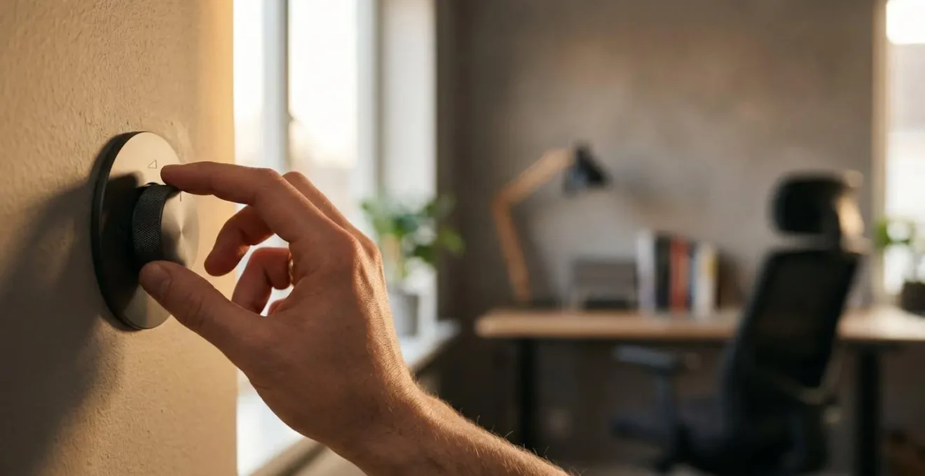 Main ajustant délicatement un variateur d'intensité lumineuse dans un espace de travail moderne et épuré