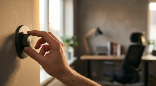 Main ajustant délicatement un variateur d'intensité lumineuse dans un espace de travail moderne et épuré