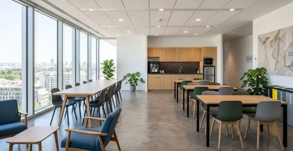 Salle de pause d'entreprise moderne et vide avec tables et chaises bien organisées, grande fenêtre laissant entrer la lumière naturelle
